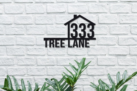 Custom Metal House Number Sign with House Drawing